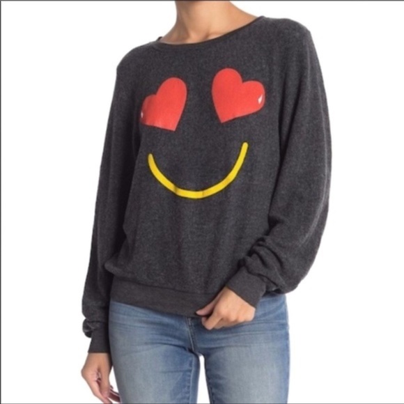 WILDFOX Essential Smiling Hearts Emoji Pullover Grey Sweatshirt - Picture 5 of 5